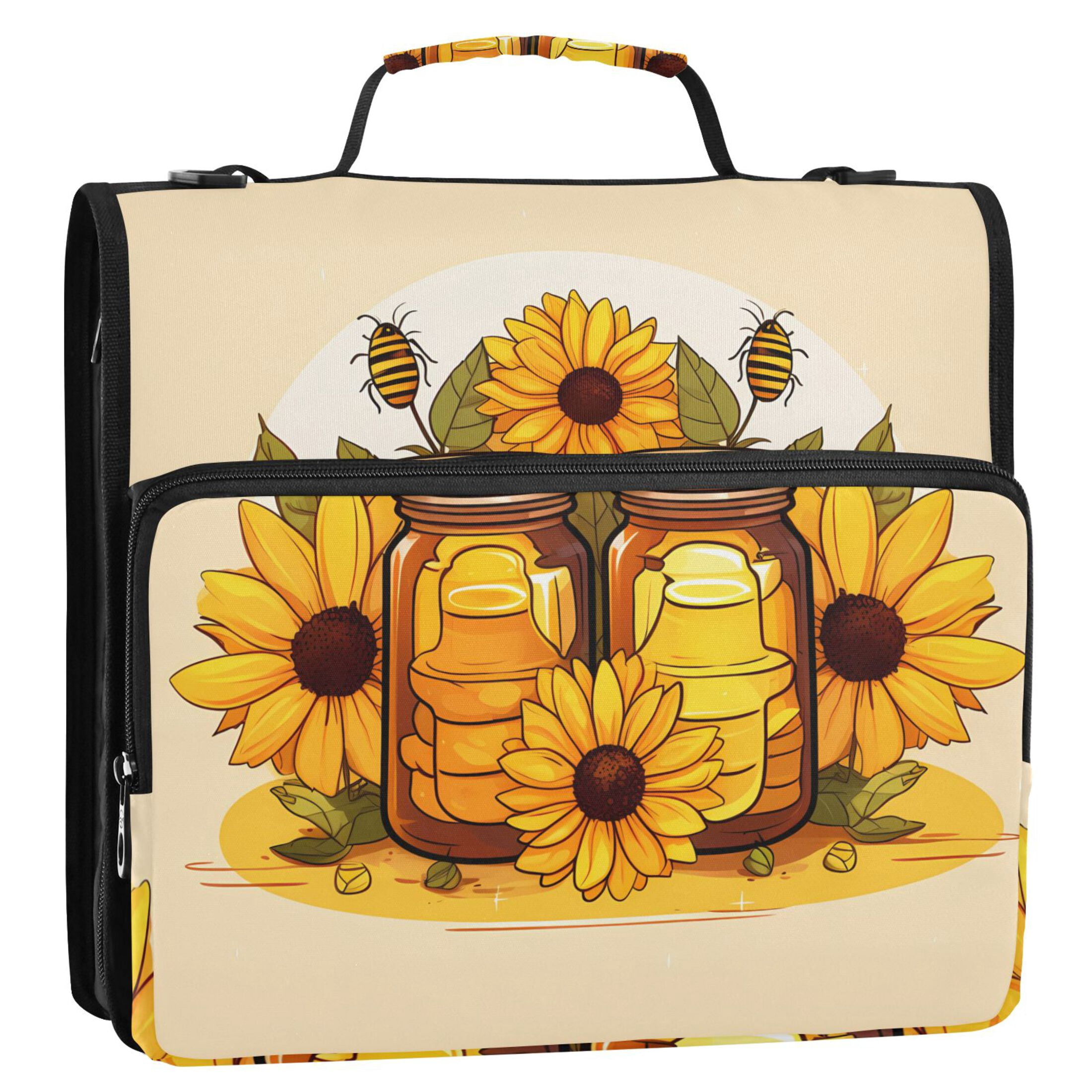3 Ring Zipper Binder with Shoulder Strap Waterproof Trapper Keeper 2 Inch D-Ring 500 Sheets Capacity Sunflowers Honey Jars Bee