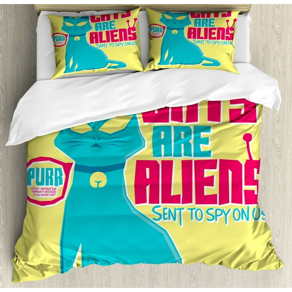 Humorous Duvet Cover Set, Colorful Cartoon Cats are Aliens Compositions Funny, Decorative 3 Piece Bedding Set with 2 Pillow Shams, Calking Size, Pastel Yellow Magenta, by Ambesonne
