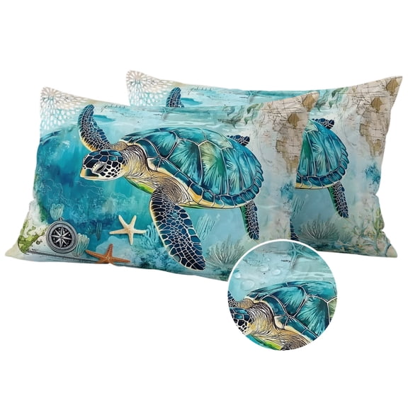 Turquoise Turtle Outdoor Pillow Covers 20x12 Set of 2,Waterproof Patio Throw Pillowcase Protectors,Farmhouse Coastal Starfish Seaweeds Lumbar Decorative Pillow Shams Cushion Covers for Seat Bed Couch