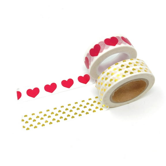 Wrapables Valentine Hearts 10M L x 15mm W Set of 2 Washi Masking Tape, Red and Gold Hearts