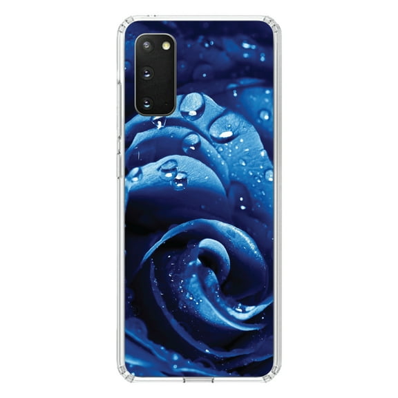 DistinctInk Clear Shockproof Hybrid Case for Galaxy S20 PLUS / 5G (6.7" Screen) - TPU Bumper, Acrylic Back, Tempered Glass Screen Protector - Blue Dew Covered Rose