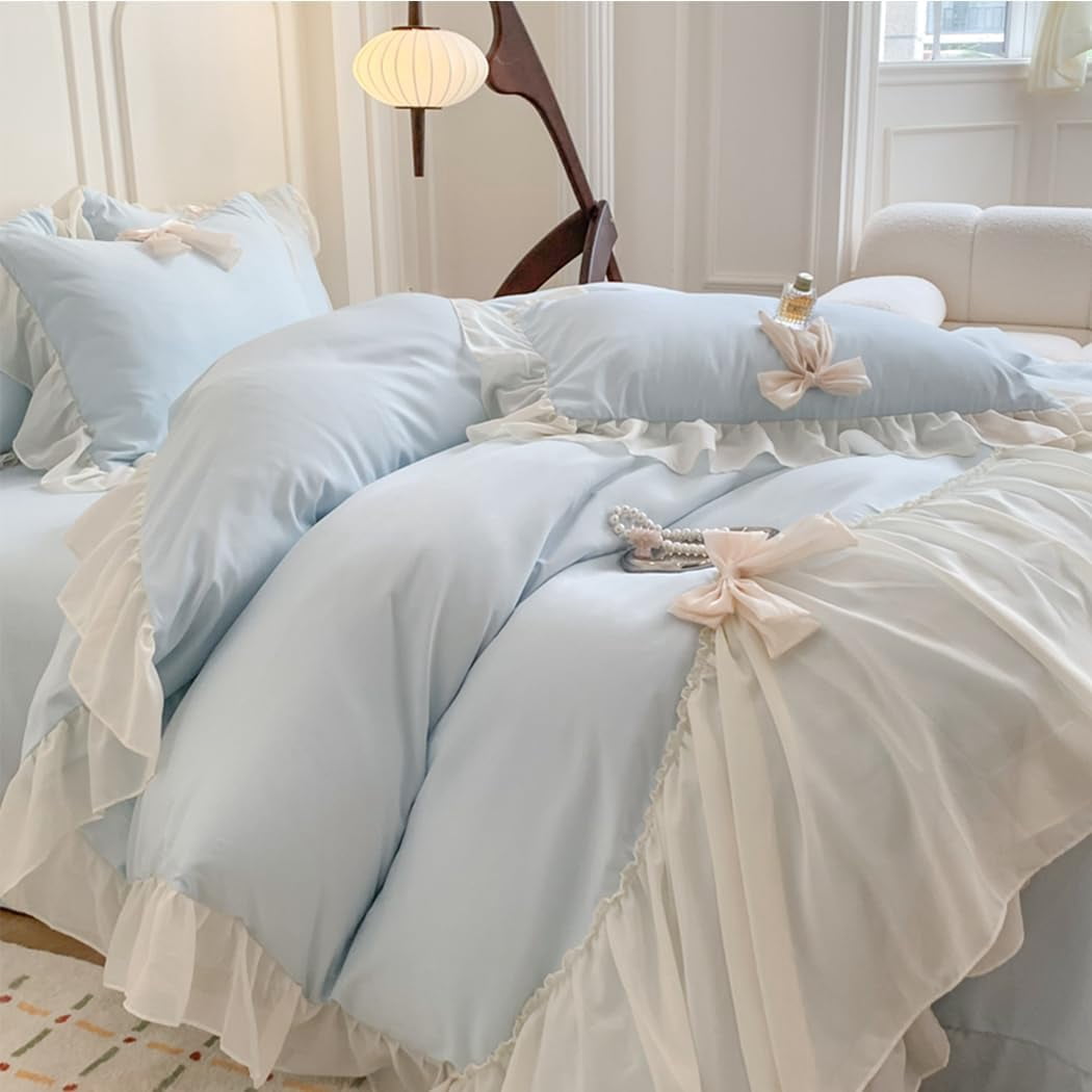 MOOWOO Ruffled Bedding Bow Duvet Cover Set with Butterfly Tie, Soft Brushed Microfiber Shabby Chic Bedding Set with Zipper Closure