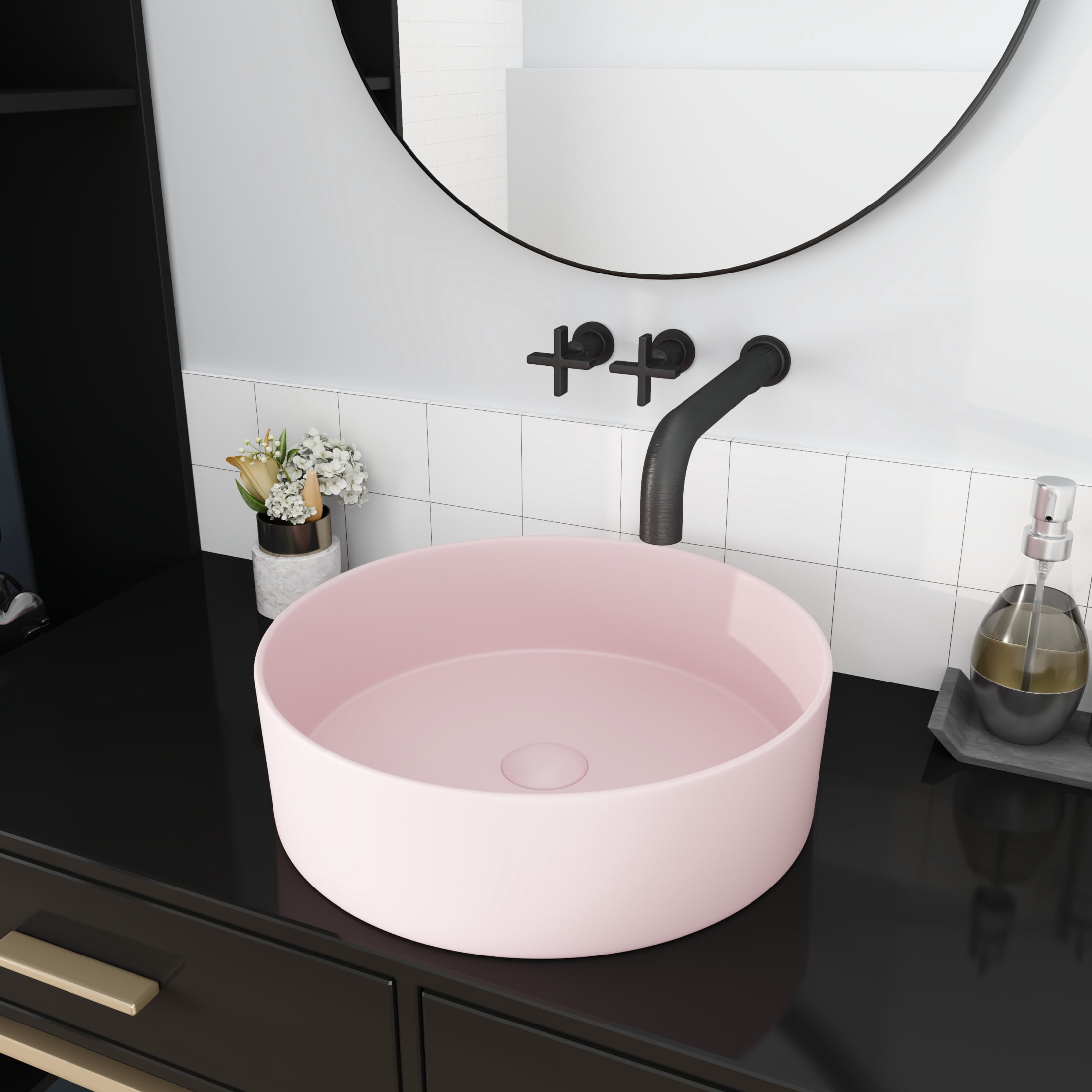Noble House 15.7" Round Ceramic Bathroom Vessel Sink, Above-Counter Art Basin, Easy-Clean Glaze, Pink