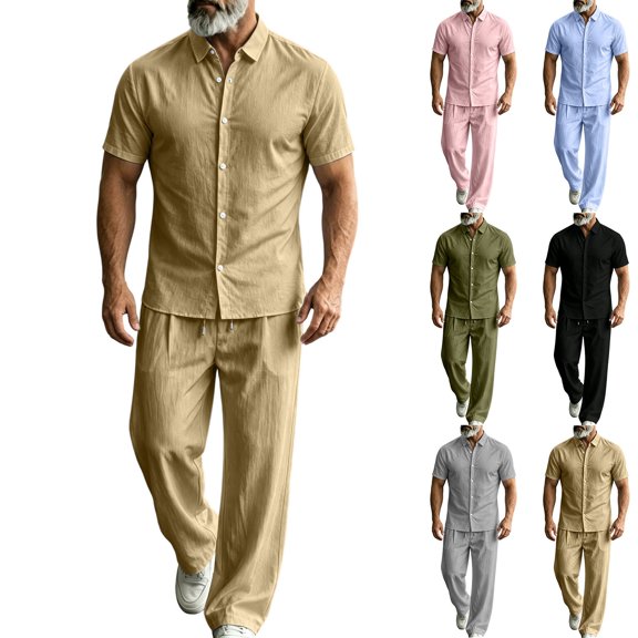 Men's Cotton Linen Sets 2 Piece Outfits Beach Wedding Clothes Loose Fit Casual Short Sleeve Button Down Shirts Yoga Pants Summer Matching Suit Khaki