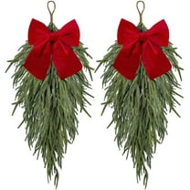 laqbezok 2 Pcs Christmas Swag with Velvet Bow, 27.5inch Norfolk Pine Teardrop Swag, Christmas Teardrop Wreath for Door Window Mantle Fireplace Wall Indoor Outdoor Home Decor