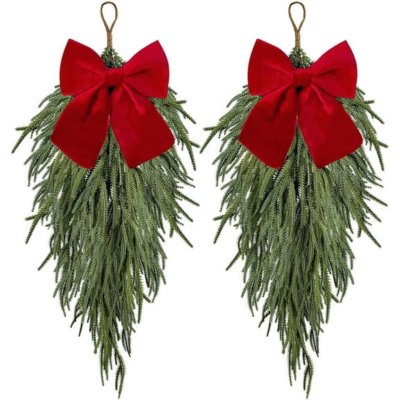 laqbezok 2 Pcs Christmas Swag with Velvet Bow, 27.5inch Norfolk Pine Teardrop Swag, Christmas Teardrop Wreath for Door Window Mantle Fireplace Wall Indoor Outdoor Home Decor