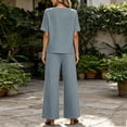 thumbnail image 4 of Jogger Sets for Women 2 Piece Womens Solid Color Casual Vacation Linen Outfit Button Short Sleeve Blouse Wide Leg Pants Set Summer Travel Wear Light Blue XL, 4 of 7