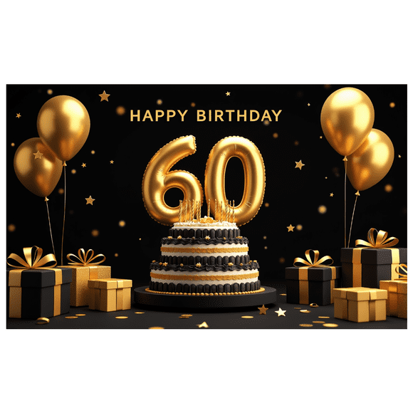 Gold Black 60th Birthday Backdrop Banner, Happy Birthday Element, Party Decors for Photography Props Birthday Party Celebrations Anniversary Events Decorations