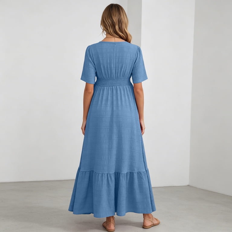 blue maxi dress for baby shower Momyknows Chic Blue Ruched Oblique Shoulder Mesh Side Draped Baby Shower Maternity Maxi Dress, Blue / S