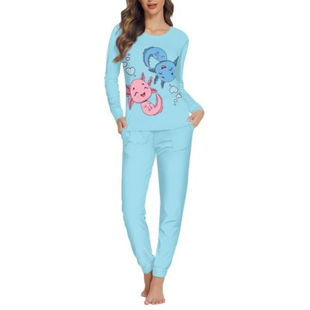 

STUOARTE Warm Pajamas for Women Winter Sakura Axolotl 2 Piece Pjs Indoor Shirt Snug-Fit Skin Friendly Relaxed Long Sleeve Scoop Neck Clothes Nightwear Size 2XL