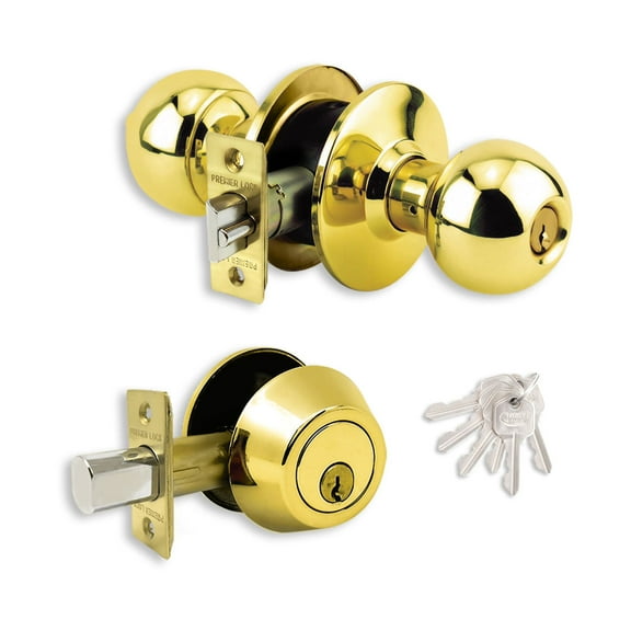 Brass Finish Grade 3 Combo Lock Set with Entry Door Knob and Deadbolt With 6 KW1 Keys - Boxed Keyed Alike
