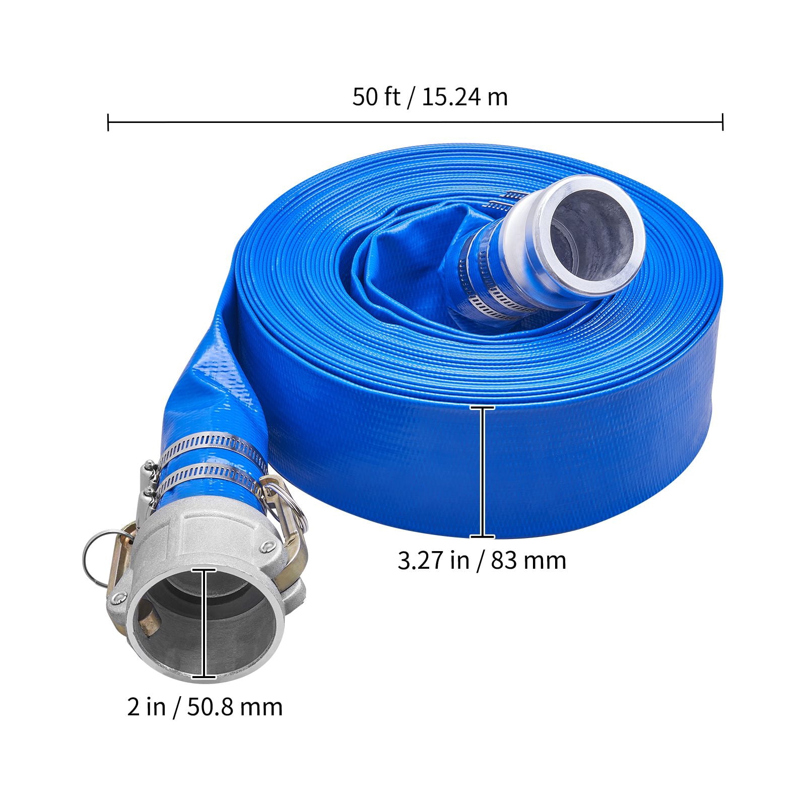 Pool Drain Hose, 2 inch by 50 ft, Durable PVC Material, Includes Aluminum Camlock C & E Connectors and Clamps, Fits Pumps and Sand Filters, Ideal for Pool Water Removal, Blue