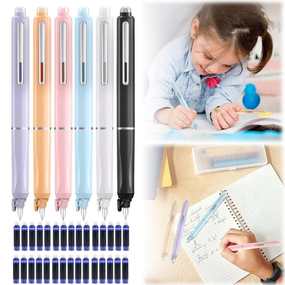 CoreLiving Retractable Fountain Pen with Medium Nib, Transbody White Barrel Design for Smooth Writing and No Leaking, Perfect for Journaling and Office, Gift Set with 5 Black Ink Cartridges