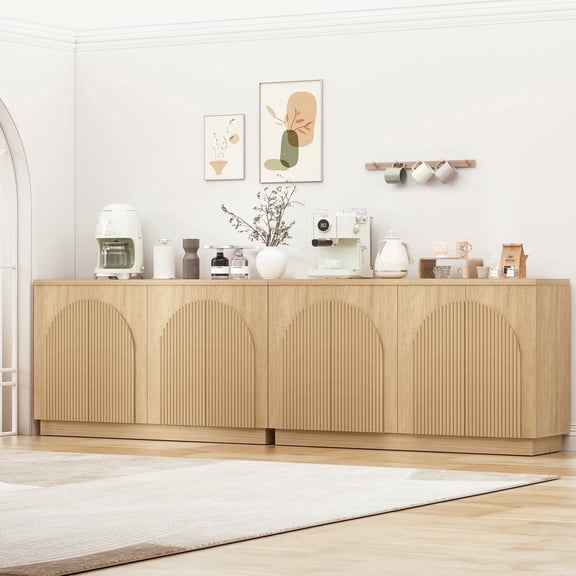 Brafabhome 110" Wide Fluted Sideboard with 4 Arched Reeded Doors, Modern Credenza Storage Buffet Cabinet with Adjustable & Removable Shelves for Living Room & Dinning Room | Natural(2 Set)