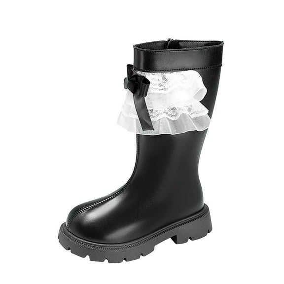 Ugoldhm Lace Ruffle Bow Ankle Boots for Girls - Mid Calf Side Zipper Warm Dress Booties for 4-11 Years