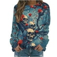 thumbnail image 2 of LEKDFST Halloween Sweatshirt for Women Funny Skull Skeleton Graphic Halloween T-Shirt Fall Winter Long Sleeve Pullover Tops Blue M, 2 of 5