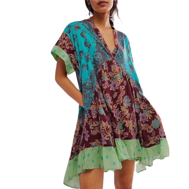 WILLBEST Robe Sans Bretelles Femmes Robes Boho Robe Fluide Mini Robe à Volants Col en V Profond Décontracté Floral