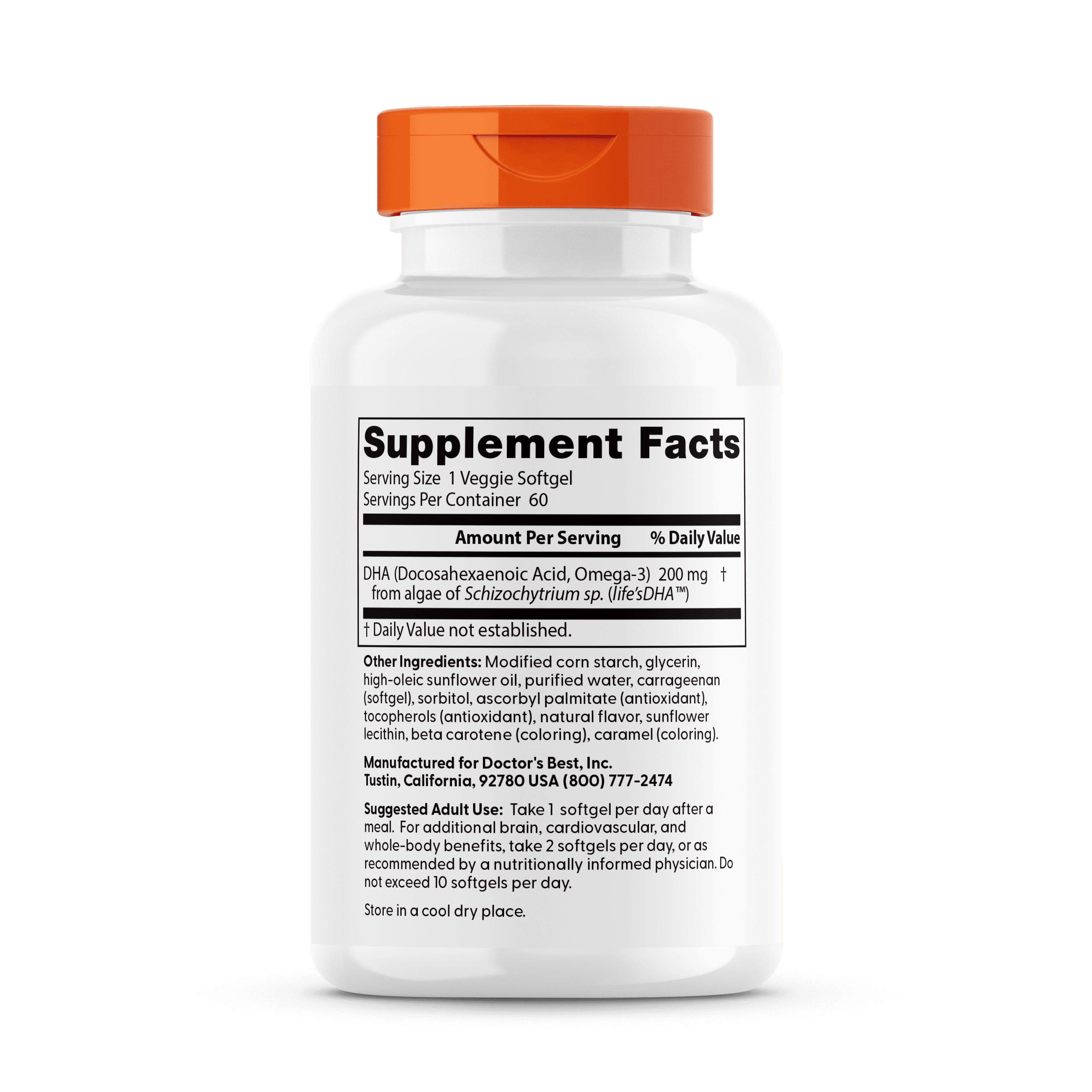 Doctor's Best Vegan DHA from Algae with Life's DHA™ , 200 mg, 60 Veggie Softgels