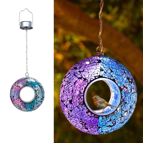 Solar Mosaic Globe Bird Feeder – Hanging Fly Through Bird Feeder with LED Light, Colorful Glass Design, Outdoor Garden Decor for Attracting Birds