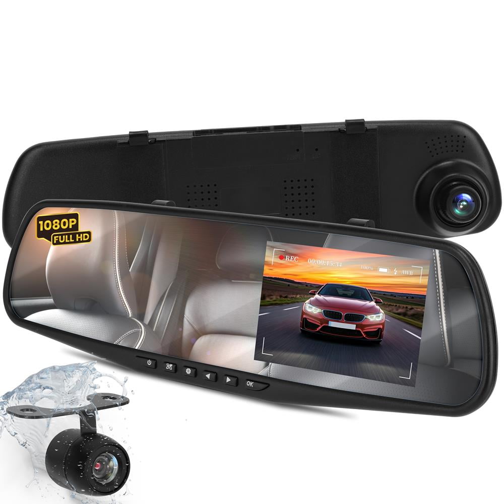 Pyle Dash Cam Rearview Mirror - 4.3” DVR Monitor Rear View Dual Camera Video Recording System