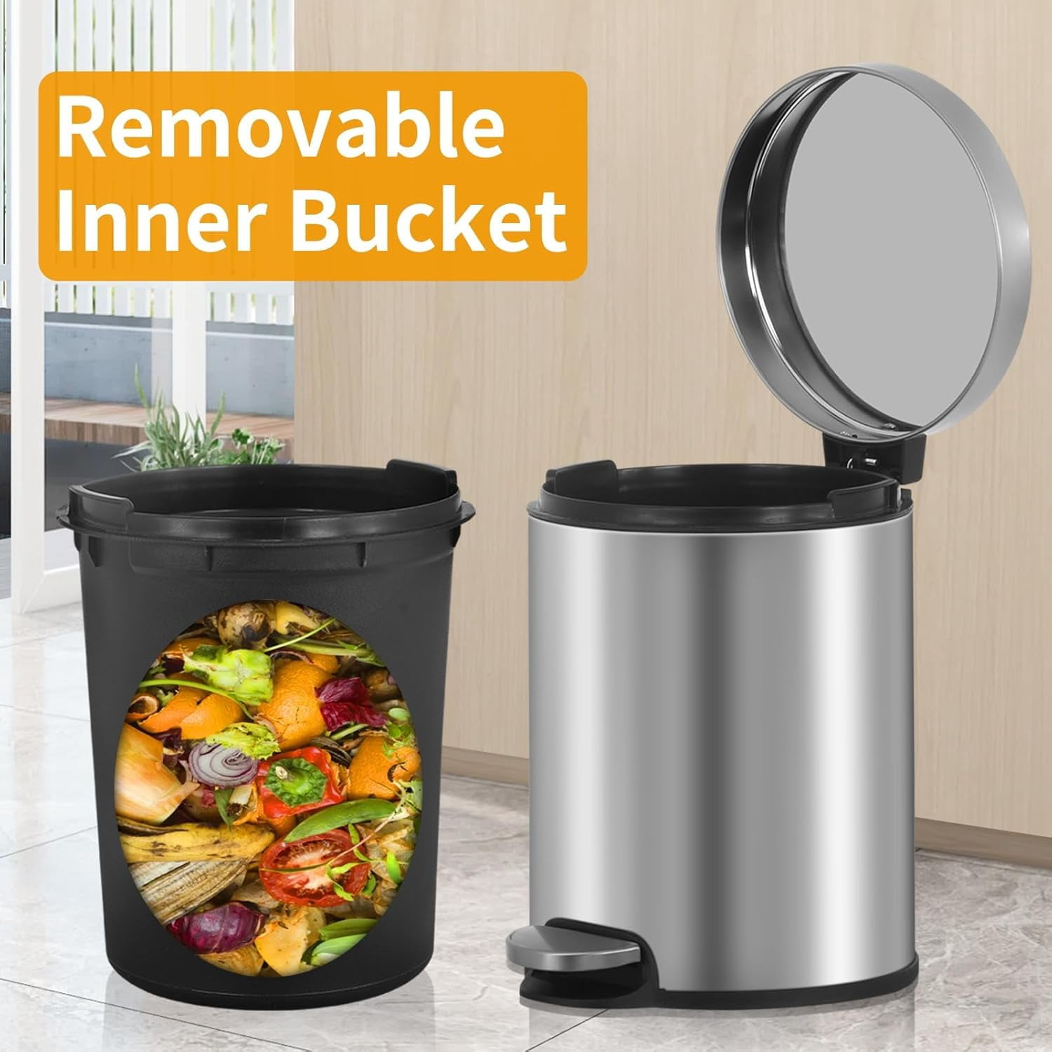 Small Bathroom Trash Can Toilet Trash Bin with Lid Waste Bin 6 L/1.6 Gallon Stainless Steel Trash Can Round Portable Garbage Bin for Bathroom Office Bedroom Rubbish Bin Step-Open, Silver (2 Pack)
