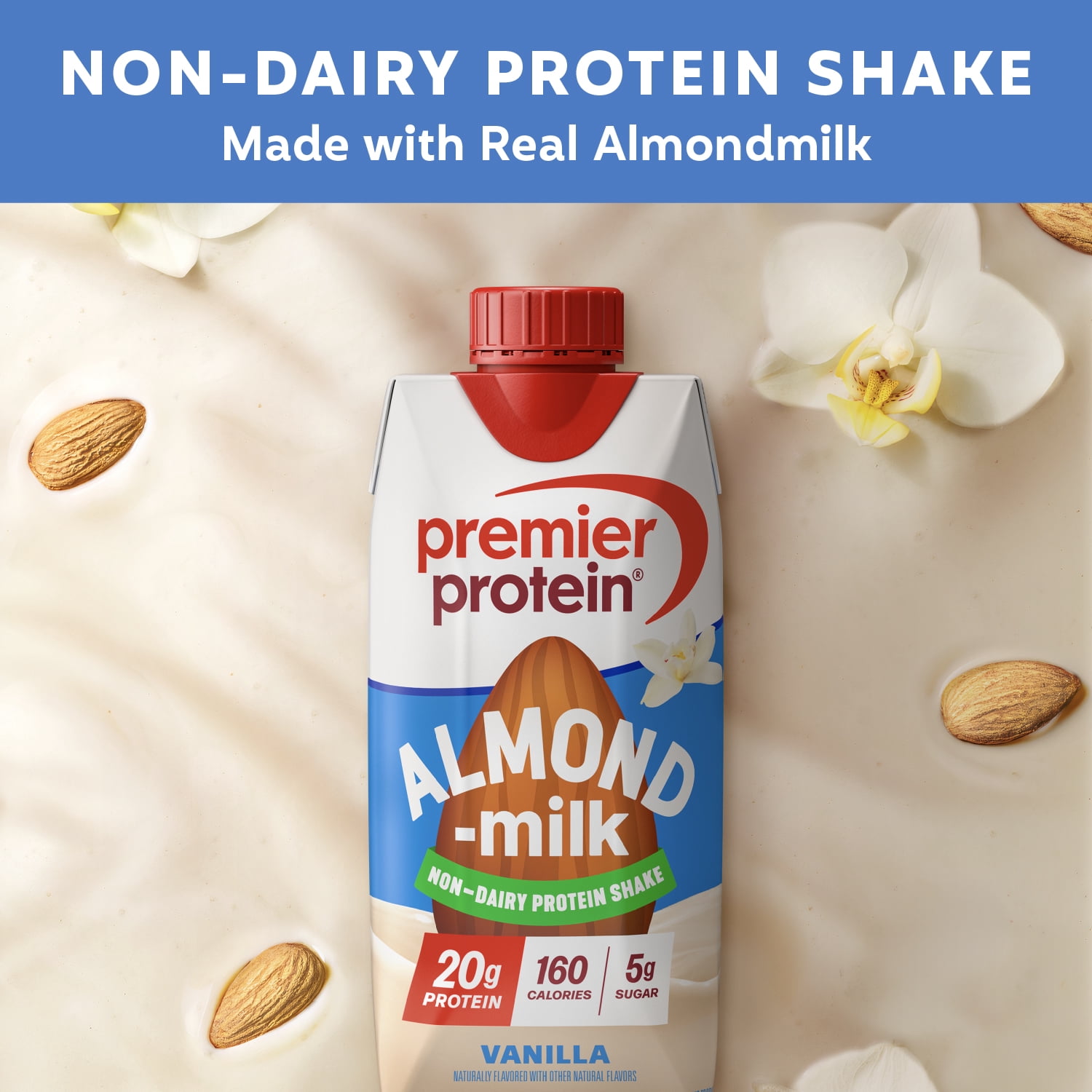 Premier Protein Almondmilk Non-Dairy Protein Shake, 20g Protein, 5g Sugar, 11 Fl oz, Vanilla, 4 Count