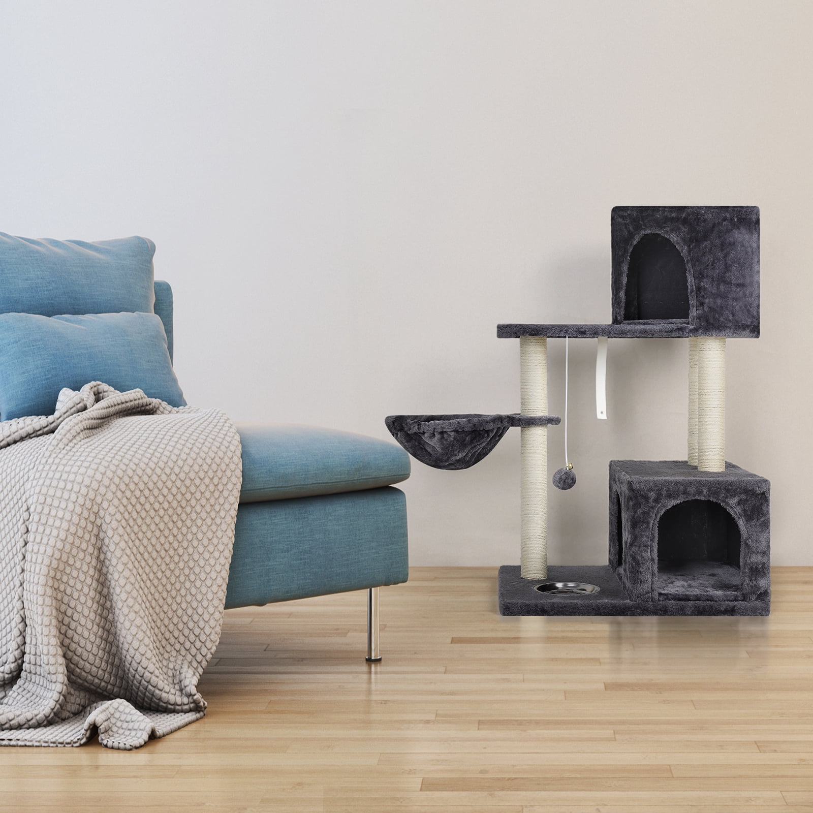 OYEAL 37'' Multi-Level Cat Tree Indoor, Multi Level Play Tower with Scratching Posts, Fur Ball & Feeding Bowl for Climbing & Resting (Grey)