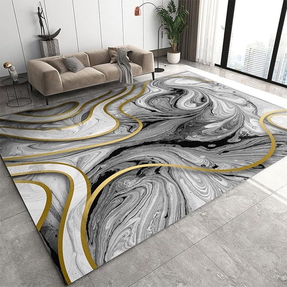 Modern Abstract Gray Gold Marble Texture Area Rug, Light Luxury Washable Area Rug, Non Slip Foldable Breathable Mat For Living Room Bedroom Entryway Hallway Office Apartment 2x3ft
