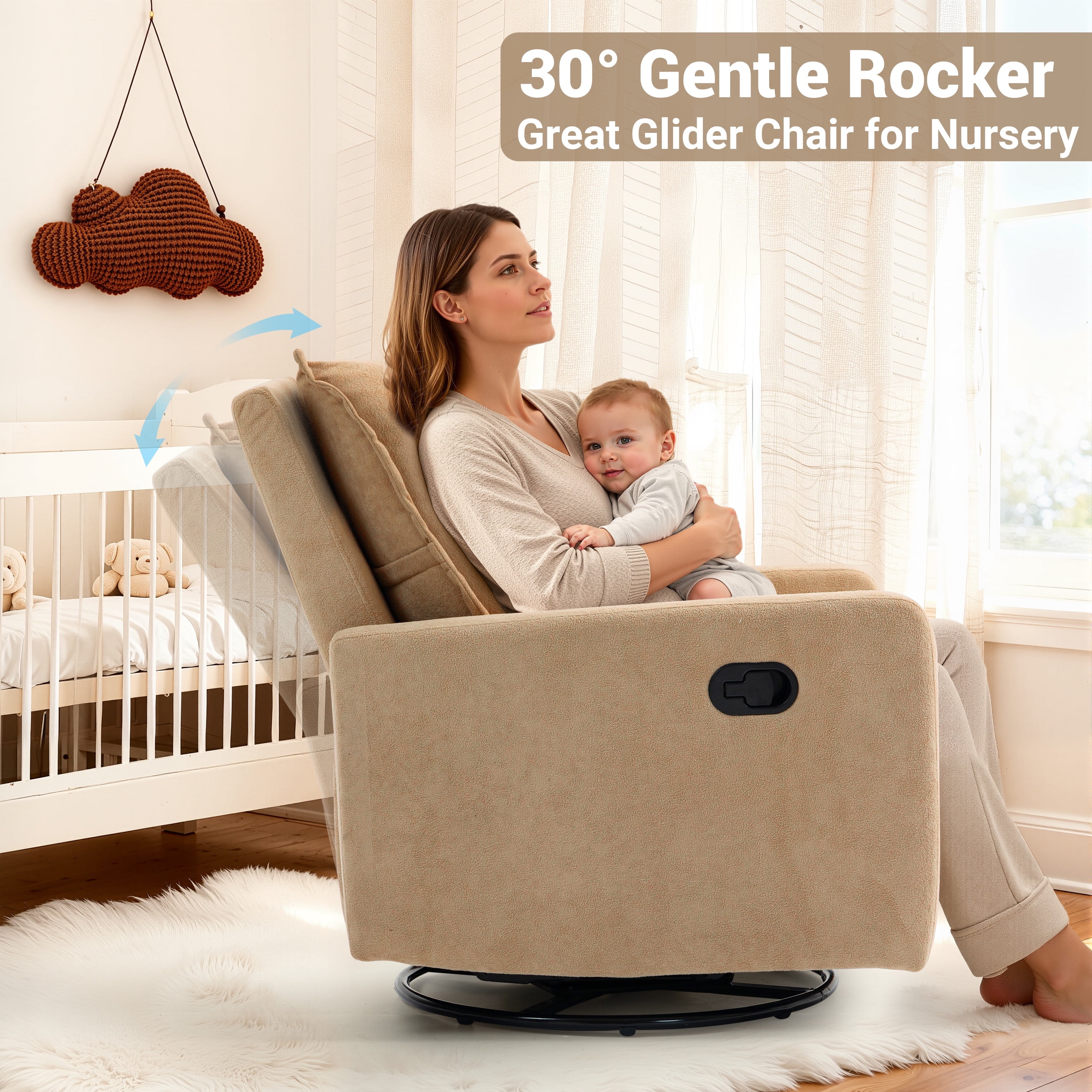 Paproos Swivel Rocker Recliner, Velvet 360°Swivel Rocking Recliner, Glider Rocking Chair for Nursery, Small Rocker Chair for Small Space, Manual Recliner for Adults for Home Theater, Camel
