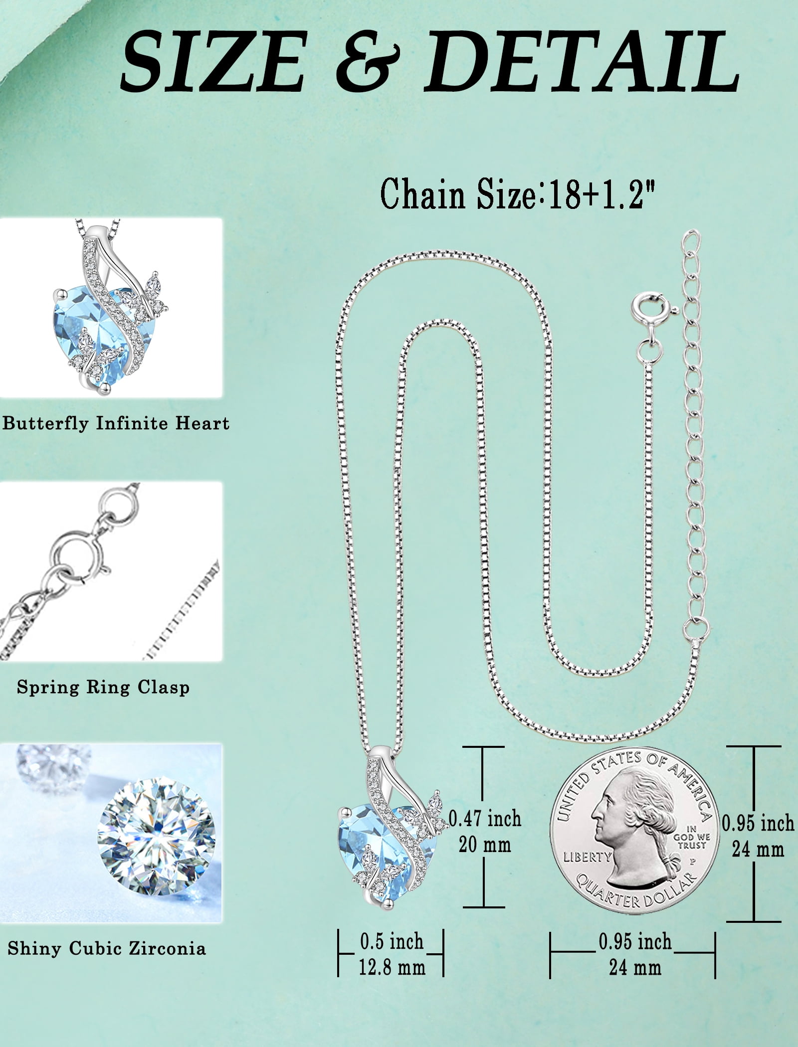 VESITIM Infinite Heart Pendant Sterling Silver Butterfly Necklace for Women Jewelry Gift with Birthstone March Created Aquamarine