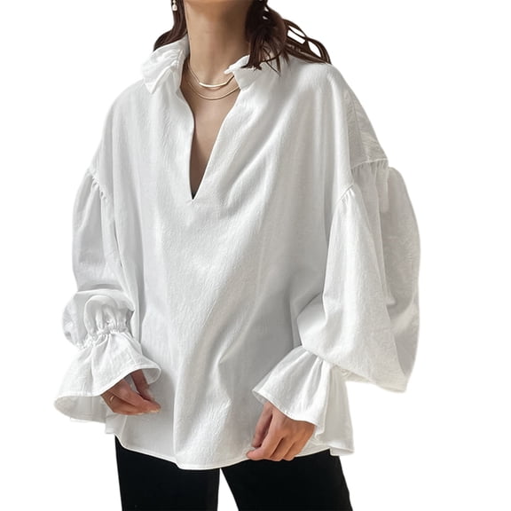 Womens Casual 3/4 Sleeve Loose Fit Button Down Collared Work Blouse Tops White S