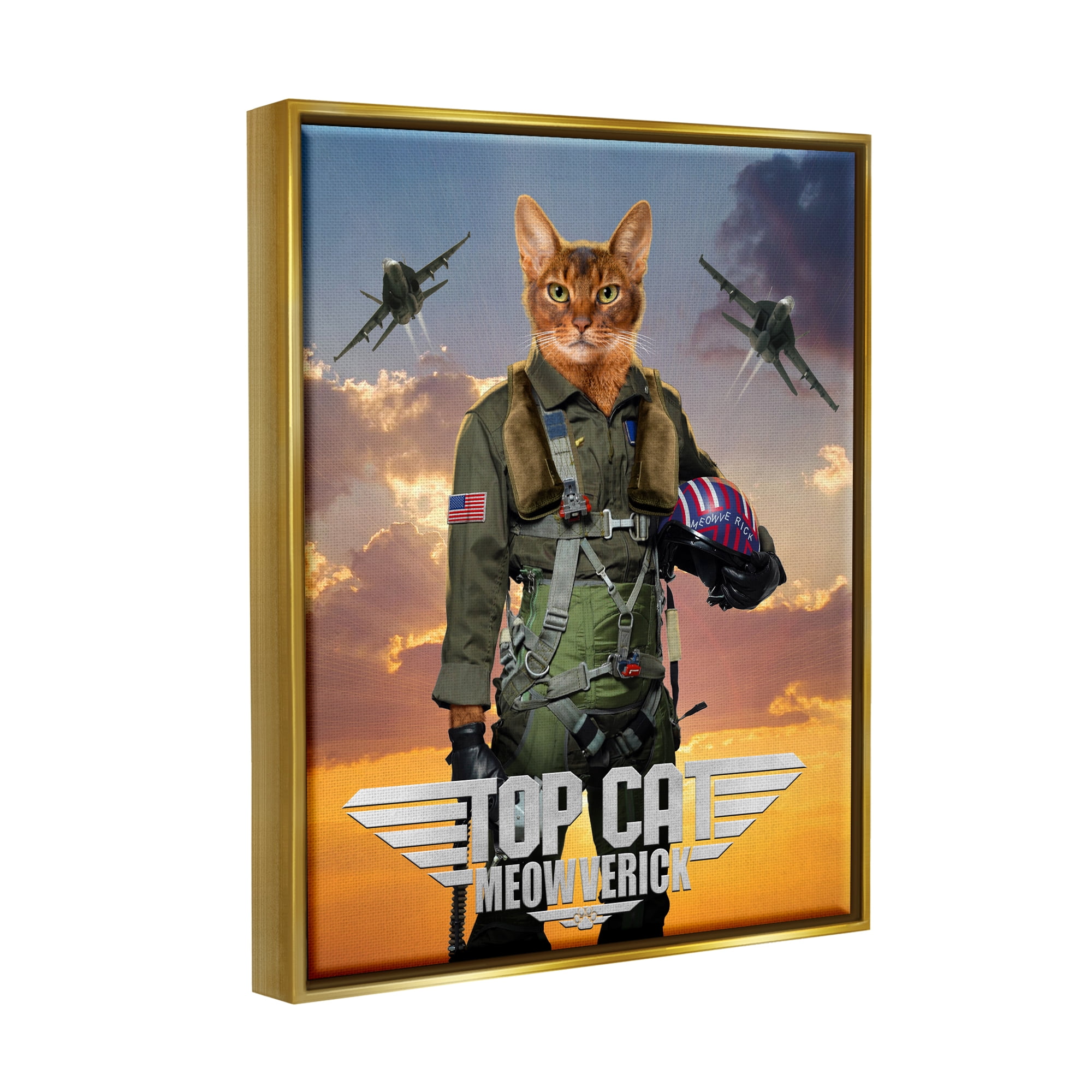 Stupell Industries Cat Pilot & Aircraft Animals & Insects Painting Gold Floater Framed Canvas Art Print Wall Art, 17 x 21