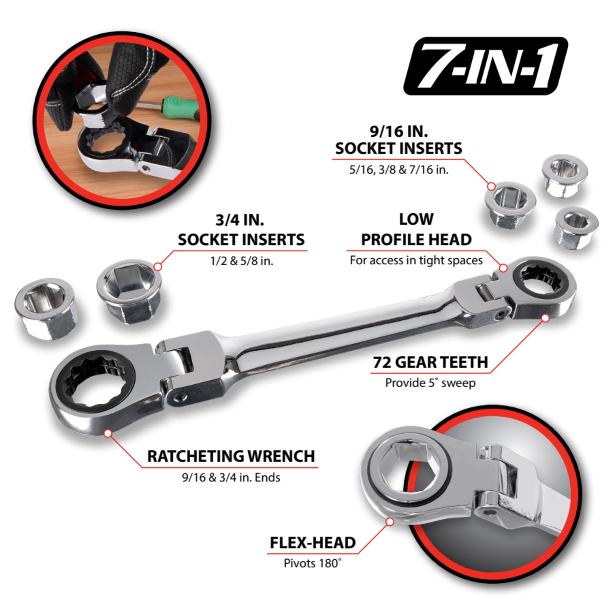 Performance Tool W30648 7-in-1 Flex-Head Ratcheting Wrench Set - 72 Teeth, Chrome Vanadium Steel, Low Profile, Reusable Case