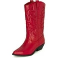 thumbnail image 2 of Ring- Women's Cowboy / Cowgirl Pull On Western Stacked Heel Mid Calf Almond Pointed Toe Boots (Red Pu, 10), 2 of 6