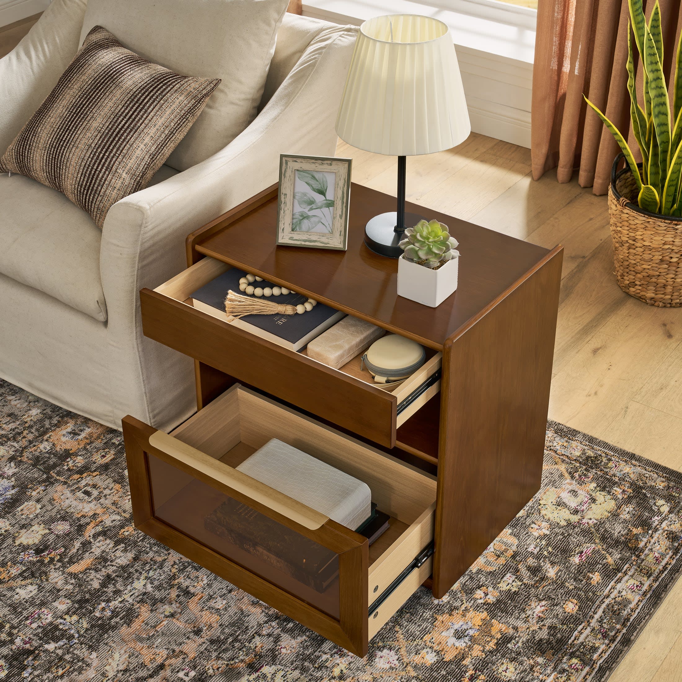 Noble House Mid-Century Nightstand with Charging Station,  Glass Detail & Open Shelf, Farmhouse End Table, Dark Walnut