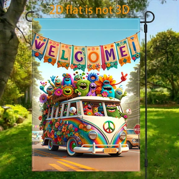 2D plane, 1 2D plane Monster Bus welcome theme flag courtyard, vertical double-sided garden decoration of the flag, Monster Bus welcome garden flag, indoor and outdoor decoration trend theme 12x18 in
