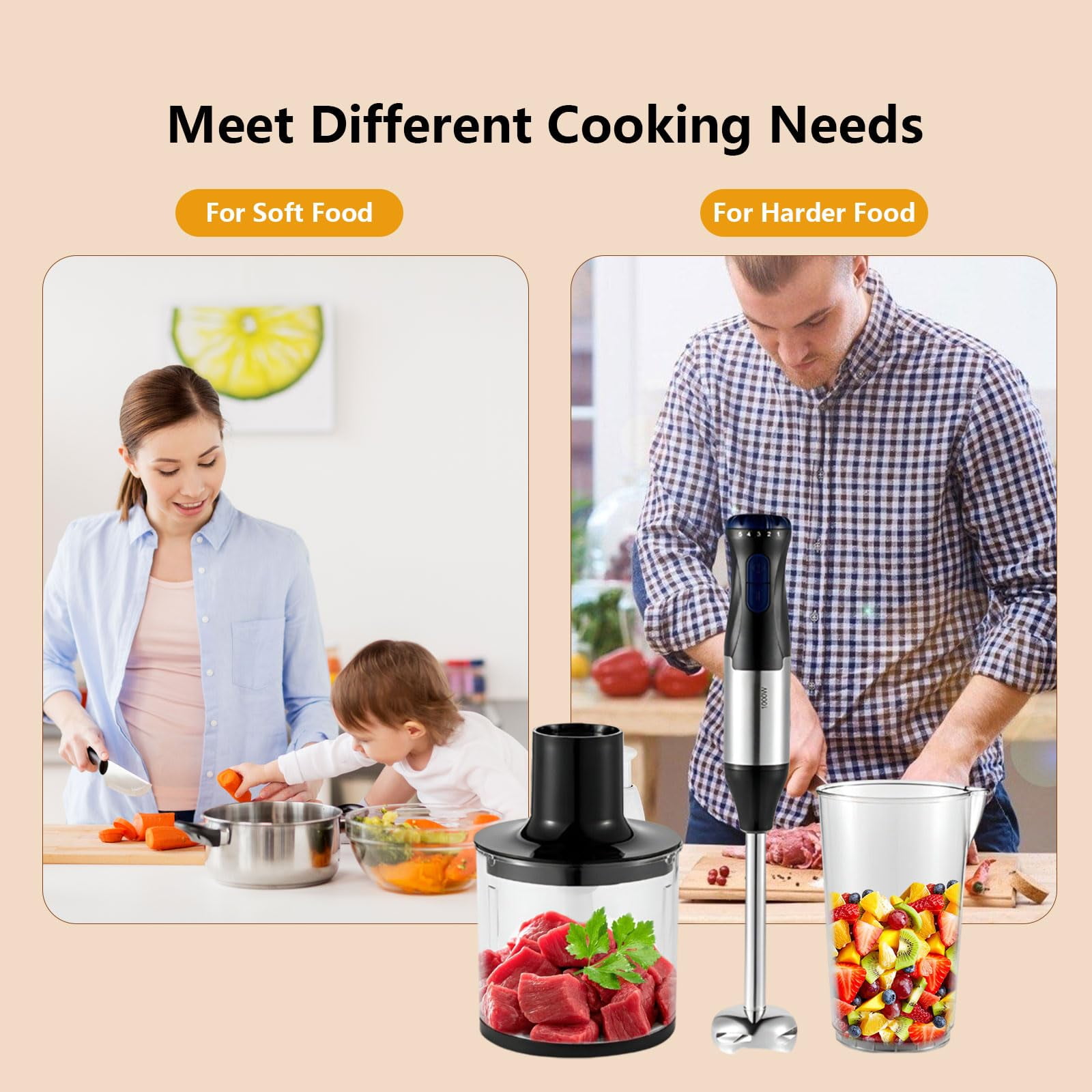 Electric Immersion Hand Blender Portable Stick Mixer 5 Mixing Speed, Meat Grinder with Stainless Steel Blades Meat, Vegetable, Fruit, Baby Food