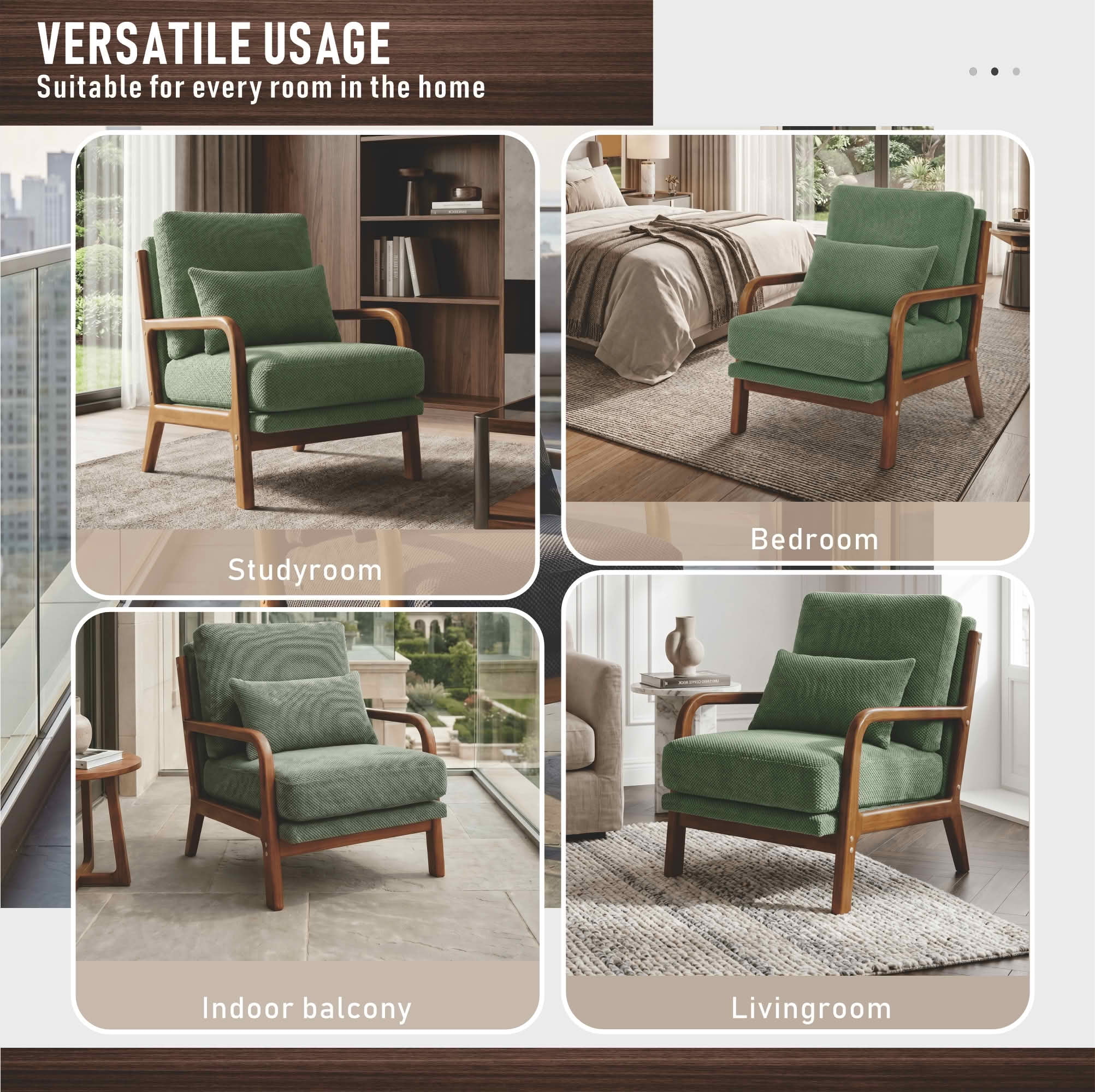 MAYEERTY 26 In Nubby Fabric Lounge Chair, Solid Wood Armrests, Lumbar Pillow, Dark Green, 300 lb