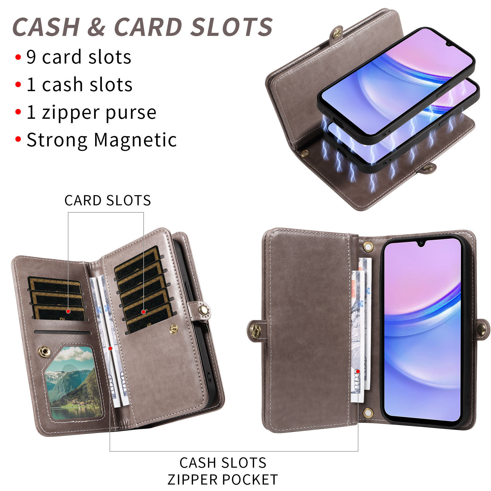 Asuwish Phone Case for Samsung Galaxy A15 5G/4G Zipper Wallet Detachable Cell Cover with Tempered Glass Screen Protector Crossbody Lanyard Strap Flower Flip Card Holder A 15 G5 15A Women Girls Gray
