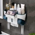 thumbnail image 4 of Portacepillos de dientes multifuncional para montar en la pared, organizador de cepillos de dientes con caja de pañuelos, organizador de cosméticos blanco y azul, blanco y azul, 4 of 5