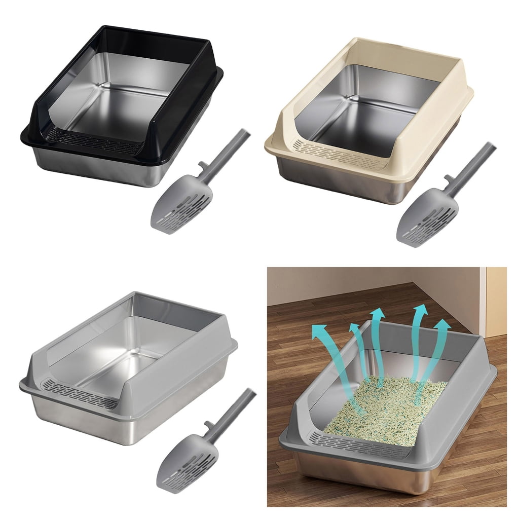 Zeiwohndc Low Entry Stainless Steel Pet Cats Litter Box Half Enclosed Litter Container