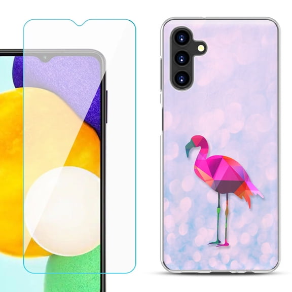 Slim-Fit TPU Fashion Phone Case for Samsung Galaxy A13 5G, with Tempered Glass Screen Protector, by OneToughShield ® - Flamingo / Polygon