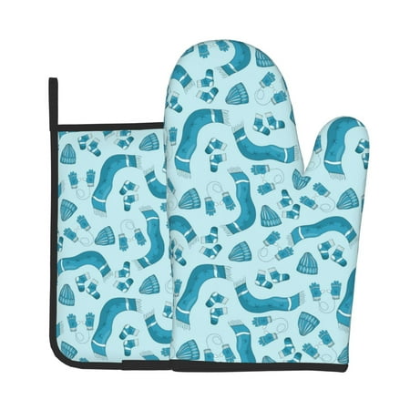 

Vsdgher Winter Warmth Blue Knitted Oven Mitts and Pot Holders 2 pcs Set High Heat Resistant Kitchen Oven Glove for Baking and Cooking