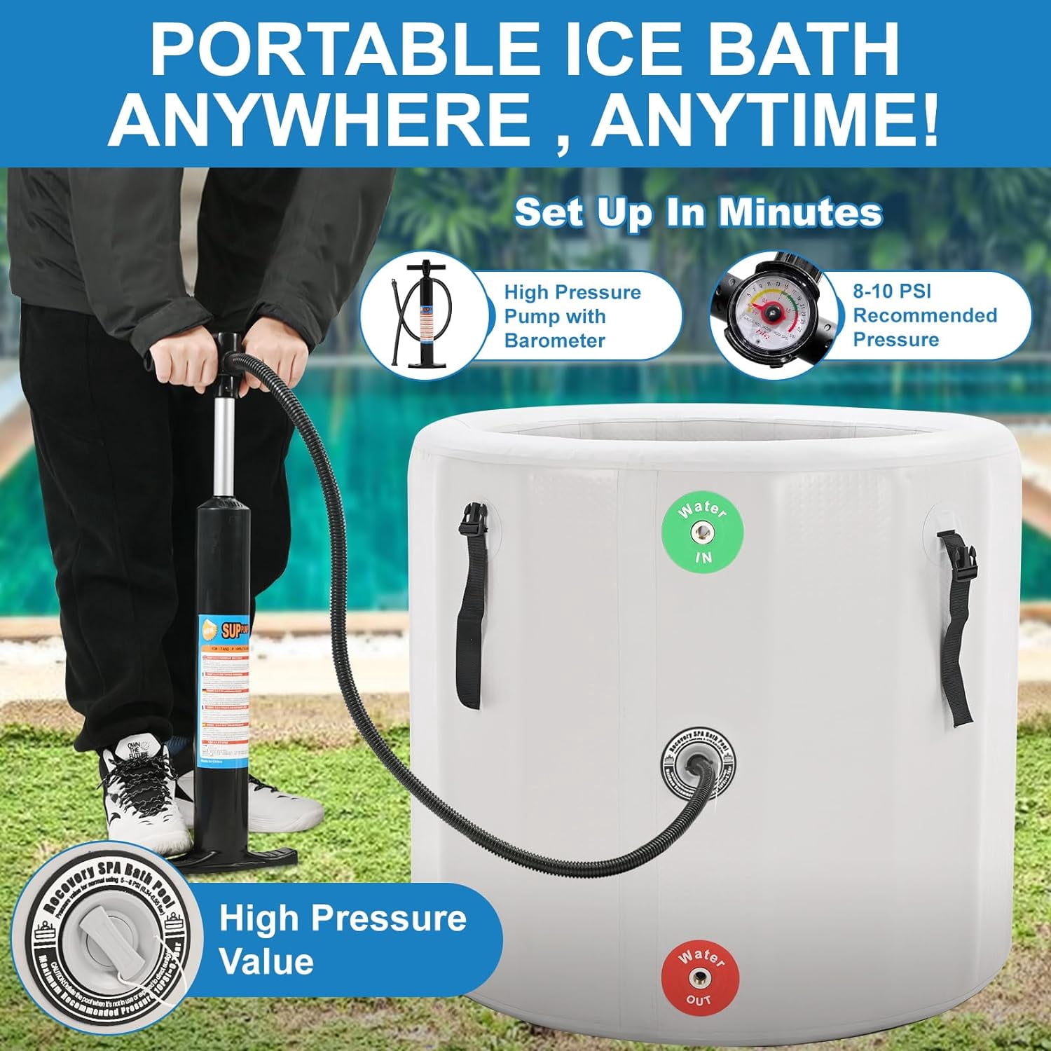 Lilypelle Inflatable Oval Ice Bath Cold Plunge Tub, Durable Freestanding 39"(D) x 35.5"(H) Soaking Tub, PVC Insulated Lid, Hand Pump and Repair Kit Included, Anti-Slid Bottom