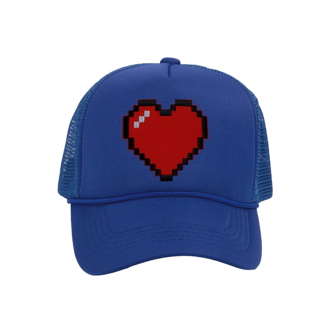 Men's 80's Retro Large 8 Bit Pixelated Heart Gamer Trucker Hat, Royal