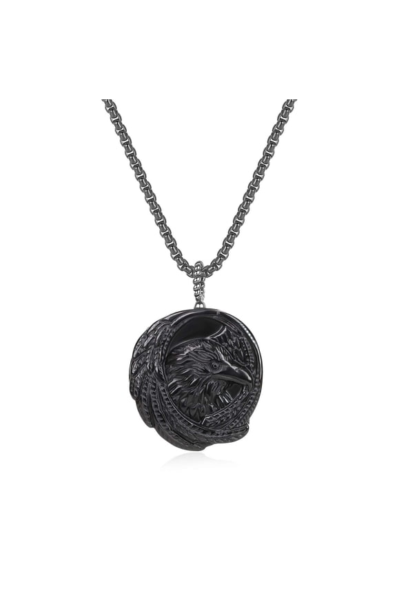 COAI Unisex Bald Eagle Black Obsidian Stone Pendant Necklace