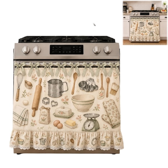 YINTINY Farmhouse Style Oven Skirt Curtain, Lace Trim, Tie,Decorative Kitchen Curtain To Hide Clutter For Stove, Dishwasher & Washer