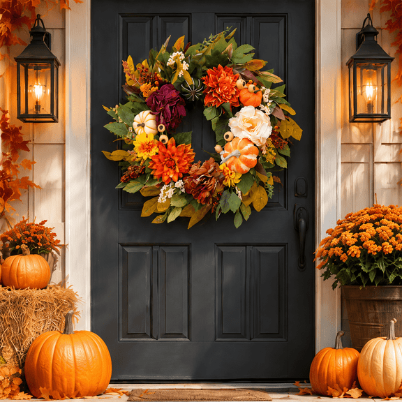 24 Inch Fall Wreath for Front Door, Artificial Autumn Harvest Wreath with Sunflowers Pumpkins Maple Leaves Berries, Thanksgiving Halloween Home Porch Decor
