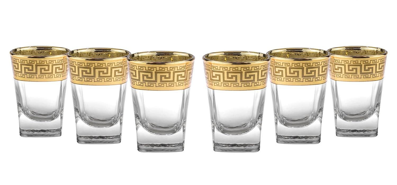 Clear Tea Glasses 6-pc Tea Set Greek Key, 6 Cups with Gold Rimmed (Ant