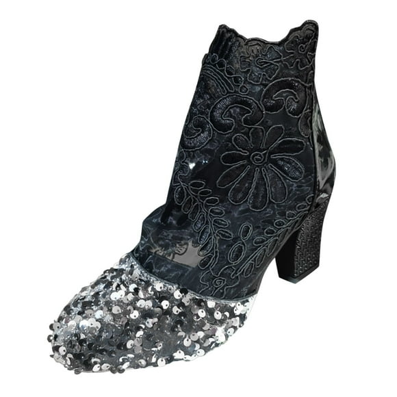 WEAIXIMIUNG Women Snow Boots 8.5 Women's Summer Fashion Retro Round Head Sequins Ankle Boots Hollow Thick with Mesh Short Boots High Heels